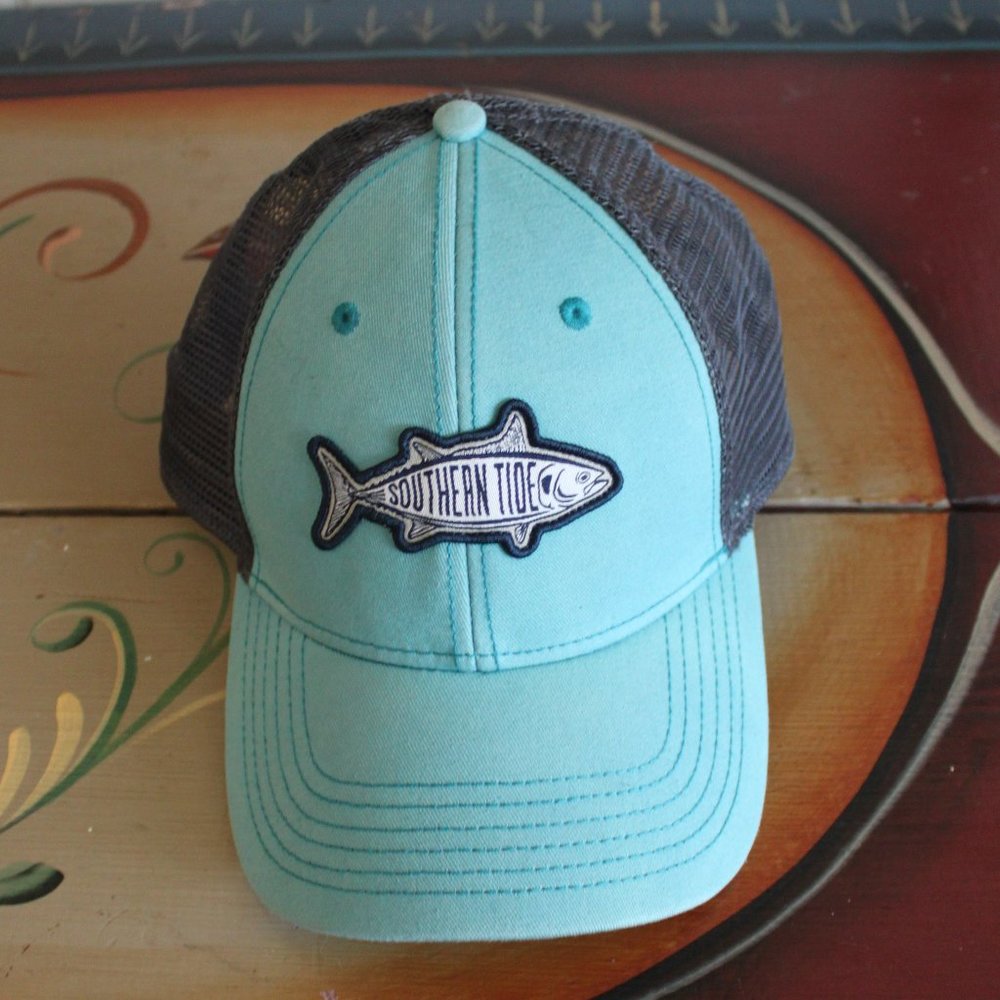 Southern Tide Fish Patch Trucker Hat teal blue gray mesh adjustable snap back 0S